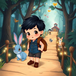 A cartoon depiction of a 10-month-old baby boy with thick black hair, wearing a short denim jumper and brown shoes