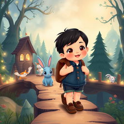 A cartoon depiction of a 10-month-old baby boy with thick black hair, wearing a short denim jumper and brown shoes