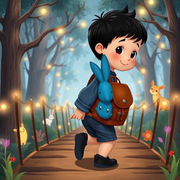 A cartoon depiction of a 10-month-old baby boy with thick black hair, wearing a short denim jumper and black shoes