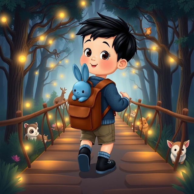 A cartoon depiction of a 10-month-old baby boy with thick black hair, wearing a short denim jumper and black shoes