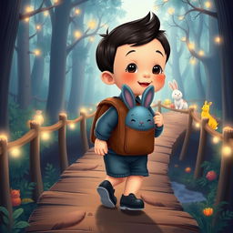 A cartoon depiction of a 10-month-old baby boy with thick black hair, wearing a short denim jumper and black shoes