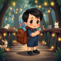 A cartoon depiction of a 10-month-old baby boy with thick black hair, wearing a short denim jumper and black shoes