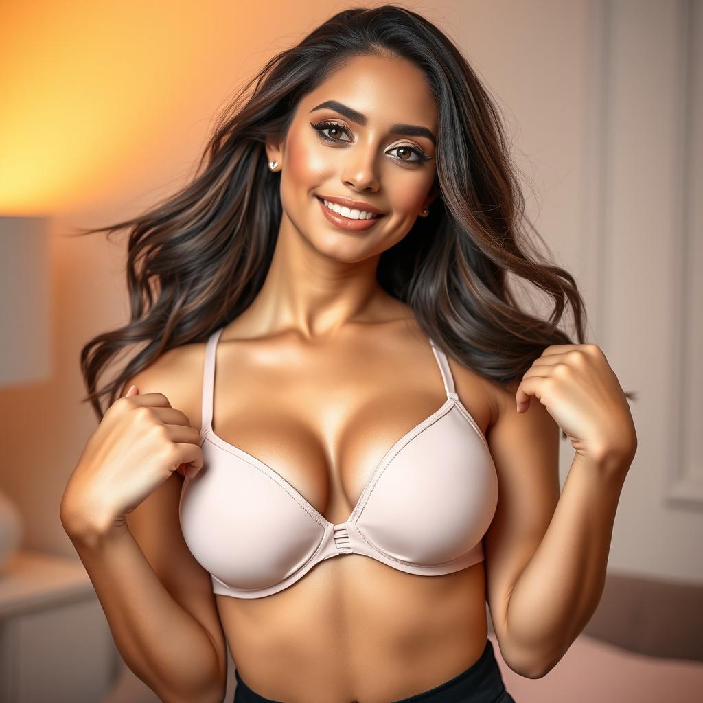 A confident 25-year-old woman posing in a stylish and modern setting, wearing a fashionable bra that showcases her 32-inch chest