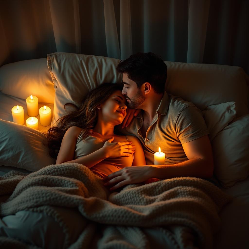 A romantic night scene with a couple in an intimate setting