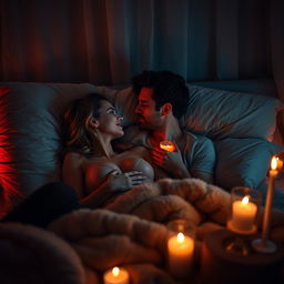 A romantic night scene with a couple in an intimate setting