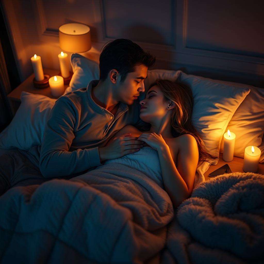 A romantic night scene with a couple in an intimate setting