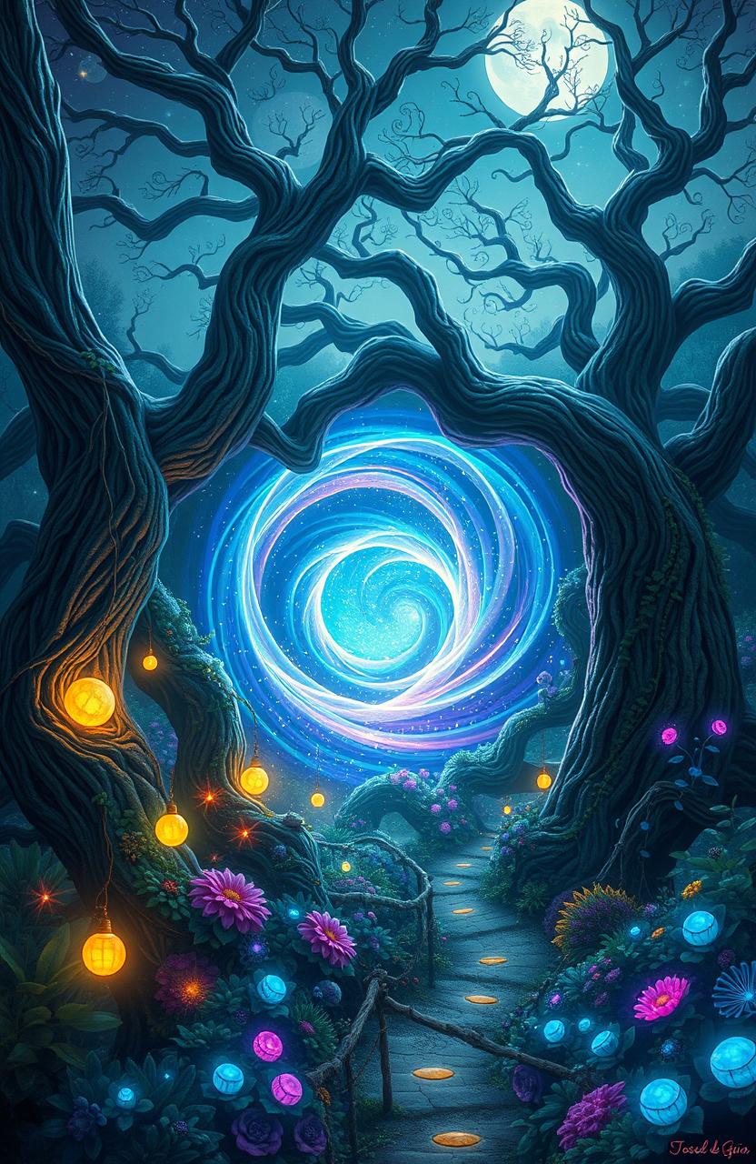 A fantastical scene inspired by the concept art style of Josep de Gaia, depicting an interdimensional portal at the center of the image