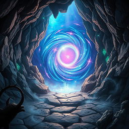 A captivating fantasy scene inspired by the work of Josep de Gaia, depicting an interdimensional portal located inside a mystical cave