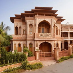 A 20 marla house designed in the traditional Indian style, featuring ornate detailing, verandas, vibrant colors, and intricate woodwork.