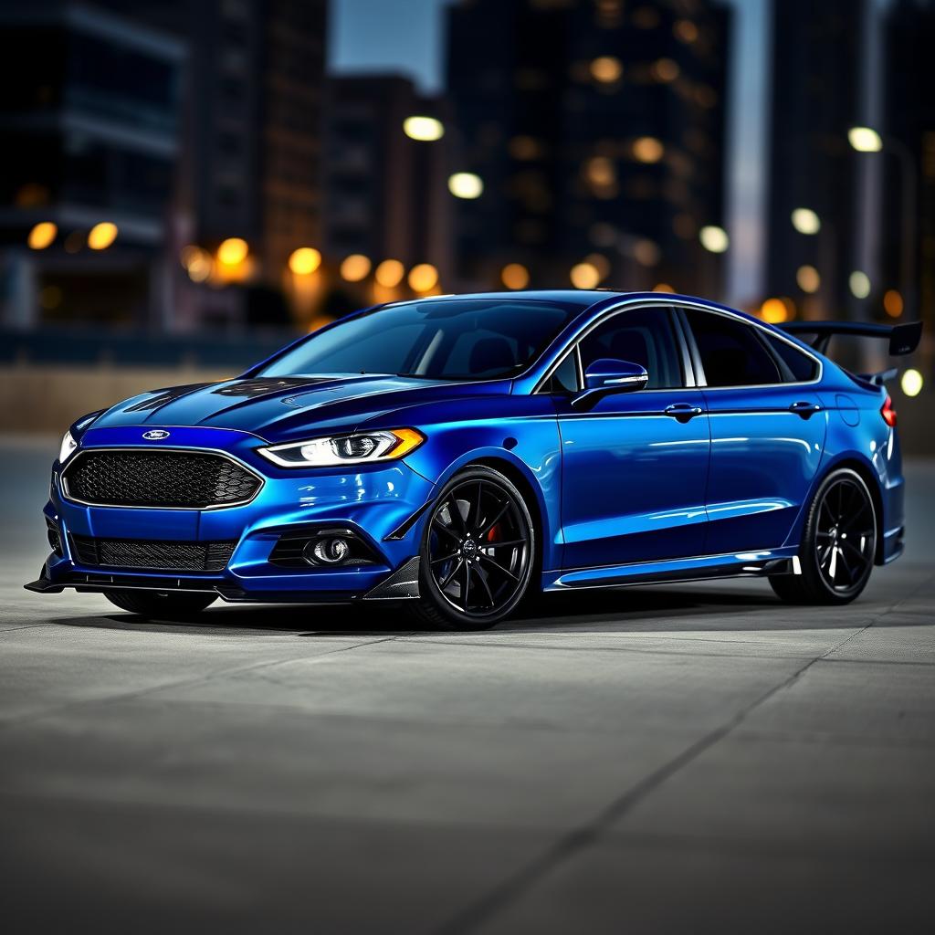 An aggressive and stylish Ford Fusion with a custom body kit, featuring pronounced front and rear bumpers, side skirts, a sleek hood scoop, and a sporty rear wing