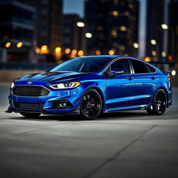 An aggressive and stylish Ford Fusion with a custom body kit, featuring pronounced front and rear bumpers, side skirts, a sleek hood scoop, and a sporty rear wing