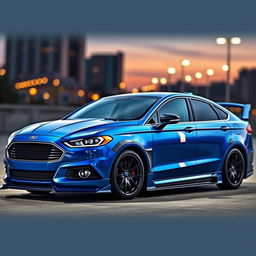 An aggressive and stylish Ford Fusion with a custom body kit, featuring pronounced front and rear bumpers, side skirts, a sleek hood scoop, and a sporty rear wing