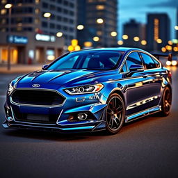 An aggressive and stylish Ford Fusion with a custom body kit, featuring pronounced front and rear bumpers, side skirts, a sleek hood scoop, and a sporty rear wing