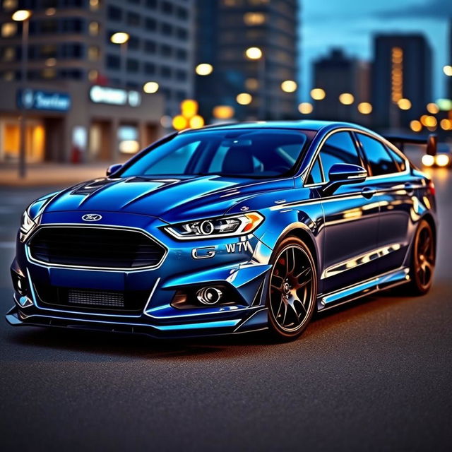 An aggressive and stylish Ford Fusion with a custom body kit, featuring pronounced front and rear bumpers, side skirts, a sleek hood scoop, and a sporty rear wing