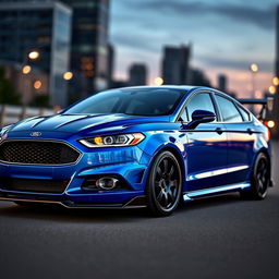 An aggressive and stylish Ford Fusion with a custom body kit, featuring pronounced front and rear bumpers, side skirts, a sleek hood scoop, and a sporty rear wing