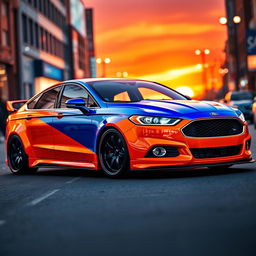 A striking Ford Fusion featuring a vibrant half orange, half blue color scheme, showcasing a wide body kit