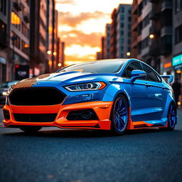 A striking Ford Fusion featuring a vibrant half orange, half blue color scheme, showcasing a wide body kit