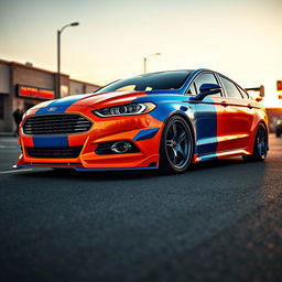 A striking Ford Fusion featuring a vibrant half orange, half blue color scheme, showcasing a wide body kit