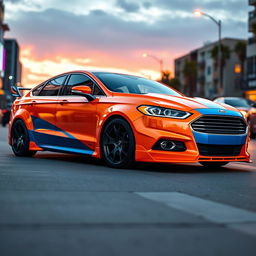 A striking Ford Fusion featuring a vibrant half orange, half blue color scheme, showcasing a wide body kit