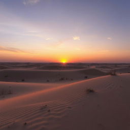 A vast grey desert landscape at sunset with the horizon bathed in soft orange and pink hues