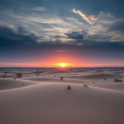 A vast grey desert landscape at sunset with the horizon bathed in soft orange and pink hues