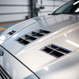 A close-up shot of a Ford Fusion showcasing its distinctive hood vents, designed for aerodynamic performance and enhancing engine cooling