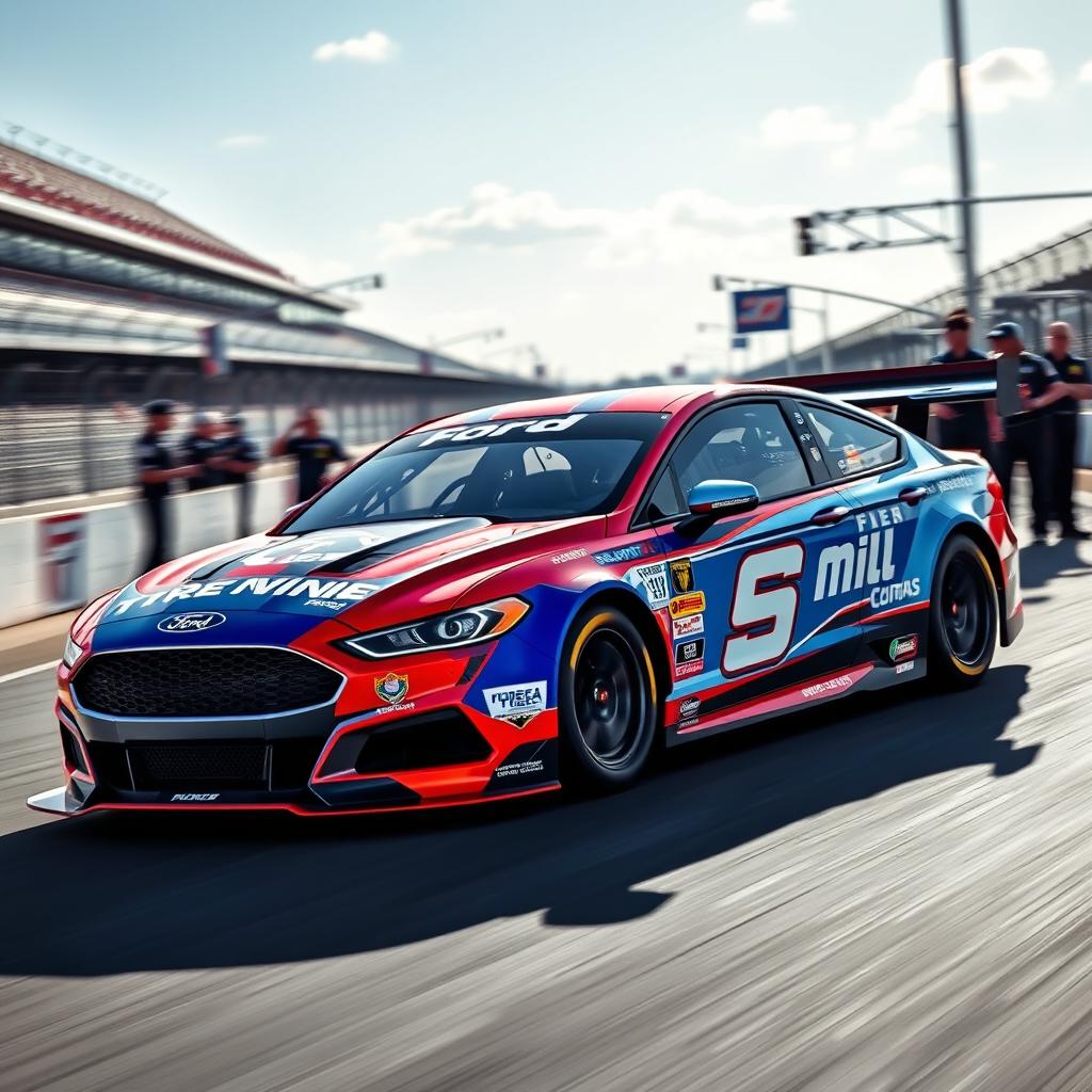 A high-performance Ford Fusion race car, designed for speed and agility, painted in vibrant racing colors, featuring sponsor logos and racing numbers