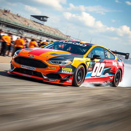 A high-performance Ford Fusion race car, designed for speed and agility, painted in vibrant racing colors, featuring sponsor logos and racing numbers