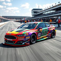 A high-performance Ford Fusion race car, designed for speed and agility, painted in vibrant racing colors, featuring sponsor logos and racing numbers