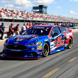 A high-performance Ford Fusion race car, designed for speed and agility, painted in vibrant racing colors, featuring sponsor logos and racing numbers