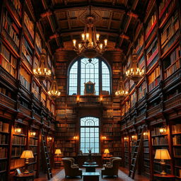 A grand library interior with towering bookshelves filled with an array of books