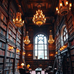 A grand library interior with towering bookshelves filled with an array of books