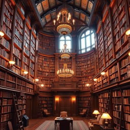 A grand library interior with towering bookshelves filled with an array of books