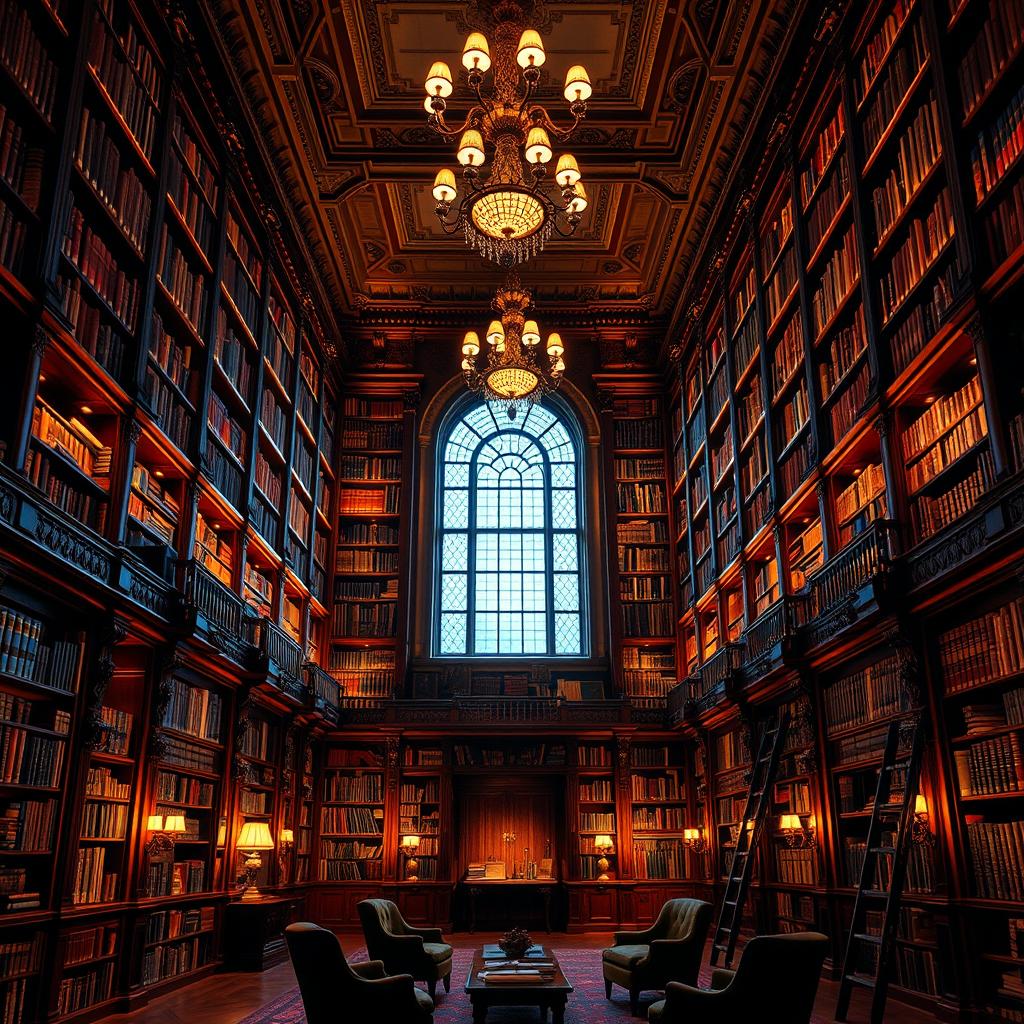 A grand library interior with towering bookshelves filled with an array of books