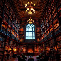 A grand library interior with towering bookshelves filled with an array of books