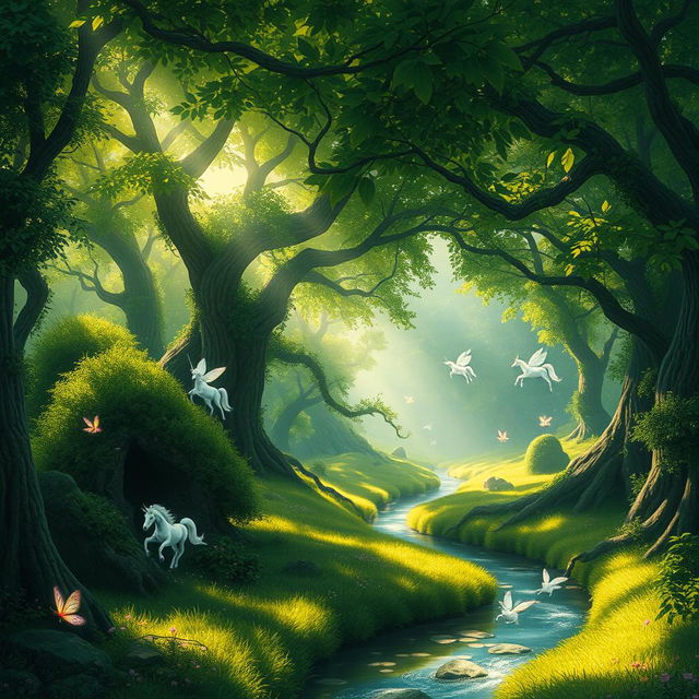 A fantasy landscape showing a lush green forest with mystical creatures like fairies and unicorns prancing through the trees