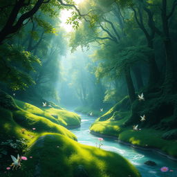 A fantasy landscape showing a lush green forest with mystical creatures like fairies and unicorns prancing through the trees