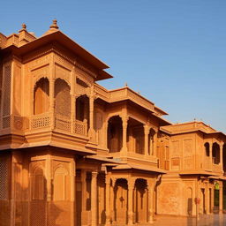 A 20 marla Indian-style house, showcasing rich architectural details such as jaali screens, ornate balconies, and sloping tiled roofs with vibrant colors.