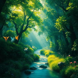 A fantasy landscape showing a lush green forest with mystical creatures like fairies and unicorns prancing through the trees