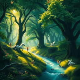 A fantasy landscape showing a lush green forest with mystical creatures like fairies and unicorns prancing through the trees