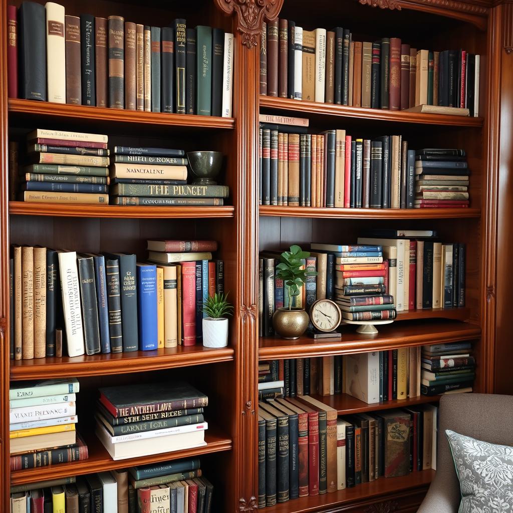 A beautifully arranged bookshelf filled with an eclectic mix of books in various sizes and colors