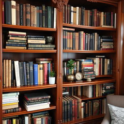 A beautifully arranged bookshelf filled with an eclectic mix of books in various sizes and colors