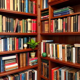 A beautifully arranged bookshelf filled with an eclectic mix of books in various sizes and colors