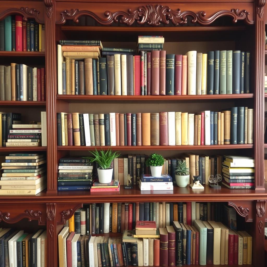 A beautifully arranged bookshelf filled with an eclectic mix of books in various sizes and colors