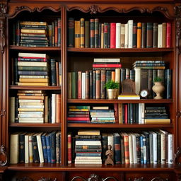 A beautifully arranged bookshelf filled with an eclectic mix of books in various sizes and colors