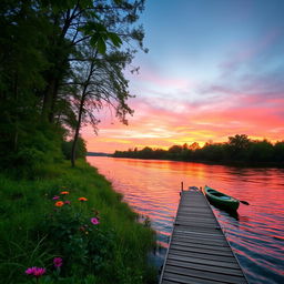 A serene riverside scene at sunset, with gentle ripples on the water reflecting vibrant hues of orange, pink, and purple