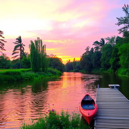 A serene riverside scene at sunset, with gentle ripples on the water reflecting vibrant hues of orange, pink, and purple