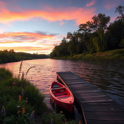 A serene riverside scene at sunset, with gentle ripples on the water reflecting vibrant hues of orange, pink, and purple