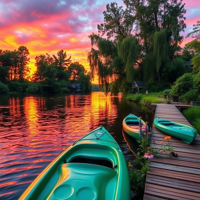 A serene riverside scene at sunset, with gentle ripples on the water reflecting vibrant hues of orange, pink, and purple