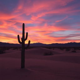 A serene desert landscape under a vibrant evening sky, with wisps of clouds reflecting hues of orange and pink